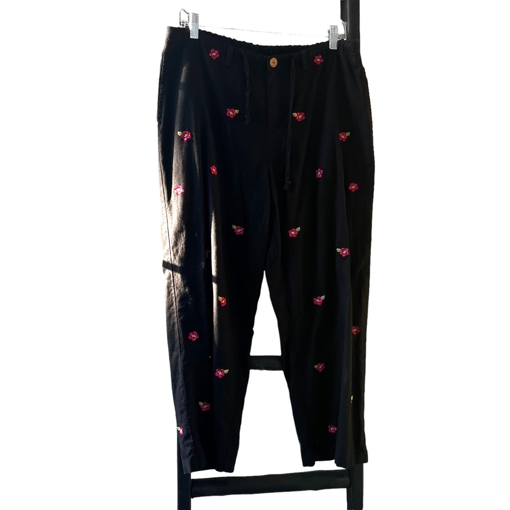 Vintage SunBay Sport 90s Black Pink Floral Back Elastic Waist  Linen Pants Large